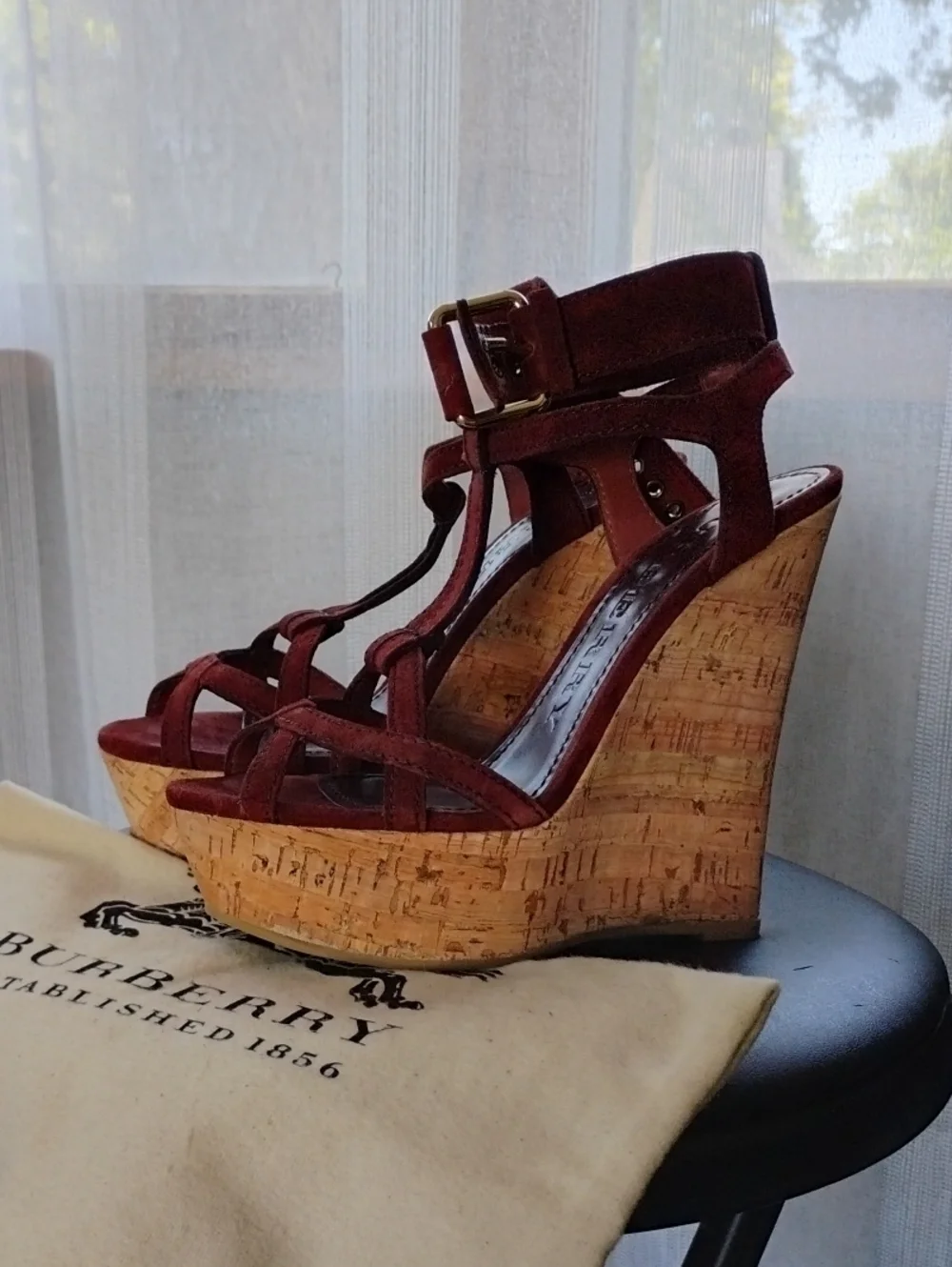 Burberry Burgundy Suede Cork Wedge Sandals